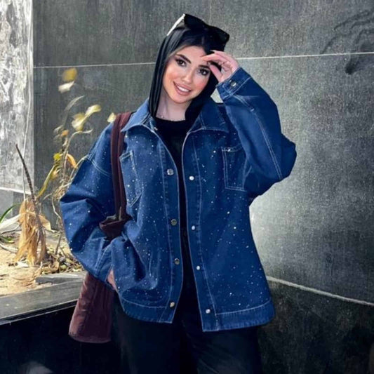 Dark Blue Women's Denim Jacket with Rhinestones – Oversized Elegant Fit
