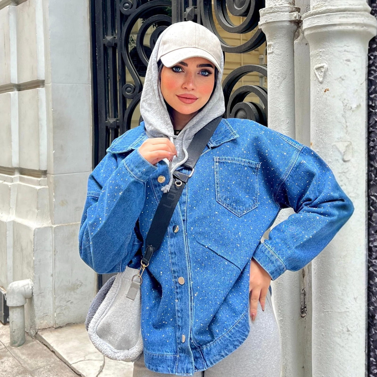 Medium Blue Women's Denim Jacket with Rhinestones – Oversized Elegant Fit
