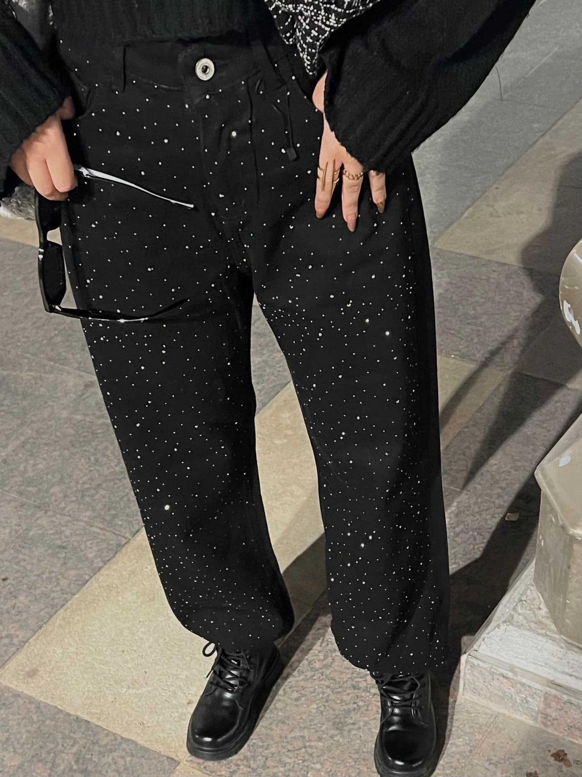 Strass Studded Jeans Pants Black OBS-350BL