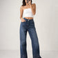 Women's High-Waist Strass Studded Straight Leg Jeans Dark Blue OBS-73
