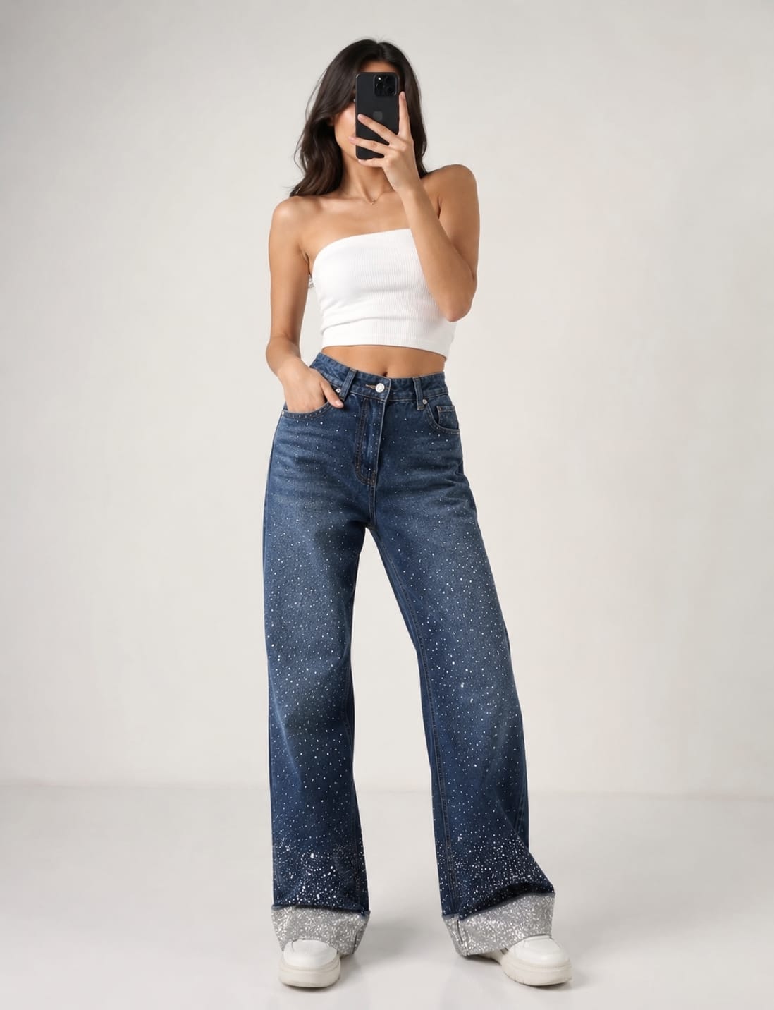 Women's High-Waist Strass Studded Straight Leg Jeans Dark Blue OBS-73