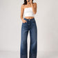 Women's High-Waist Strass Studded Straight Leg Jeans Dark Blue OBS-73