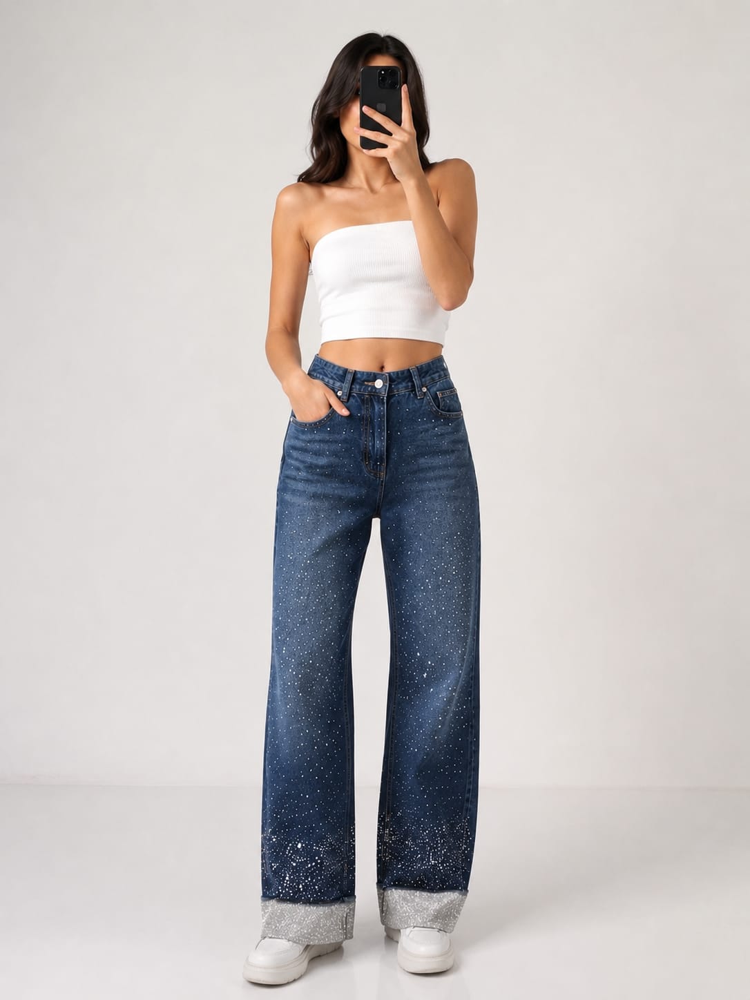 Women's High-Waist Strass Studded Straight Leg Jeans Dark Blue OBS-73