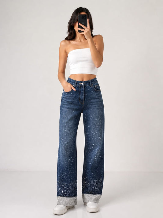 Women's High-Waist Strass Studded Straight Leg Jeans Dark Blue OBS-73