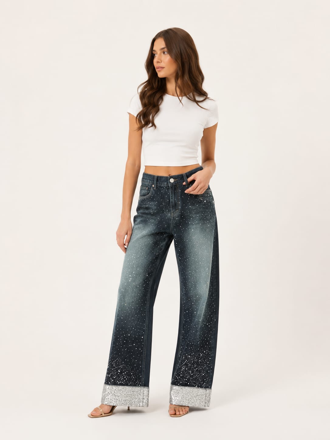Women's High-Waist Strass Studded Straight Leg Jeans Dark Dirty OBS-73dw
