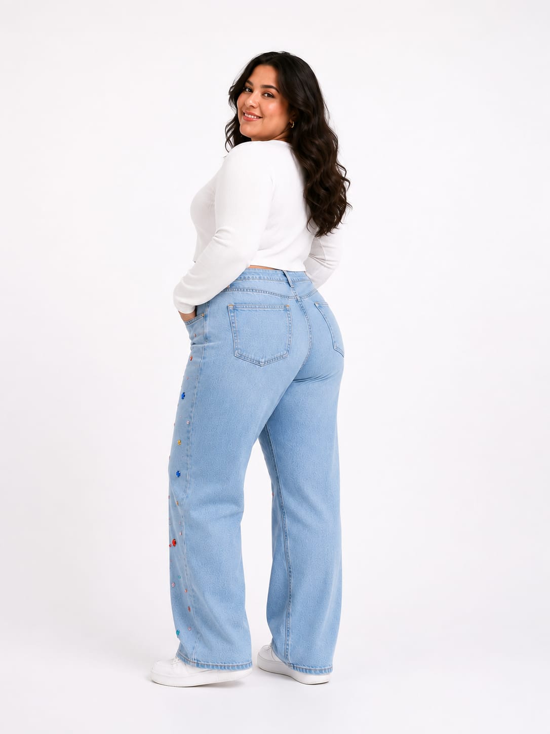 Plus Size Diamond Studded Straight Jeans Pants Medium Blue Color OBD-350B