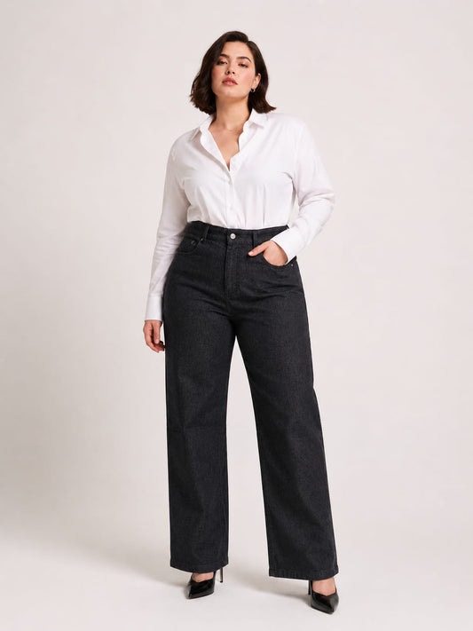 Plus Size High Waist Straight Gray Black Jeans Pants 375- RBL