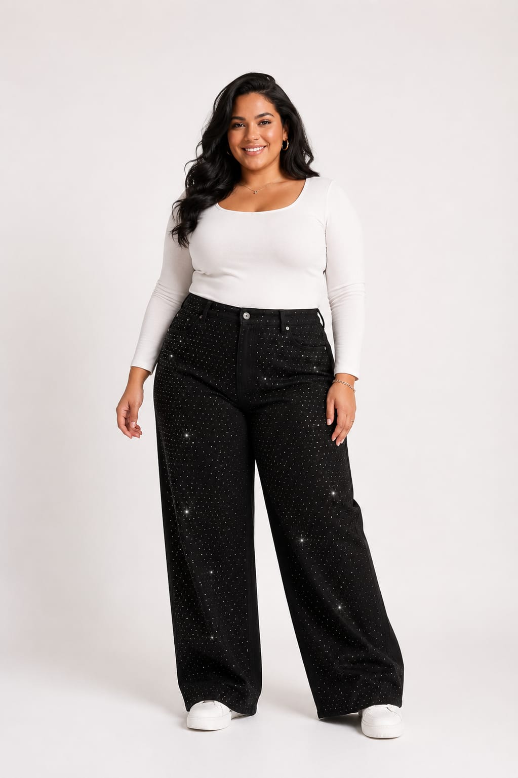 Plus Size Strass Studded Jeans Pants Black Color OBD-350BL