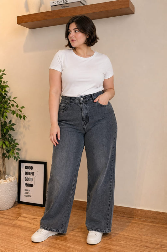 Plus Size High Waist Straight Light Gray Jeans Pants 375-CBL