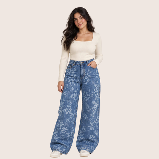 High Waist Wide Leg Leaf Print Jeans Blue OB-39B