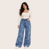 High Waist Wide Leg Leaf Print Jeans Blue OB-39B