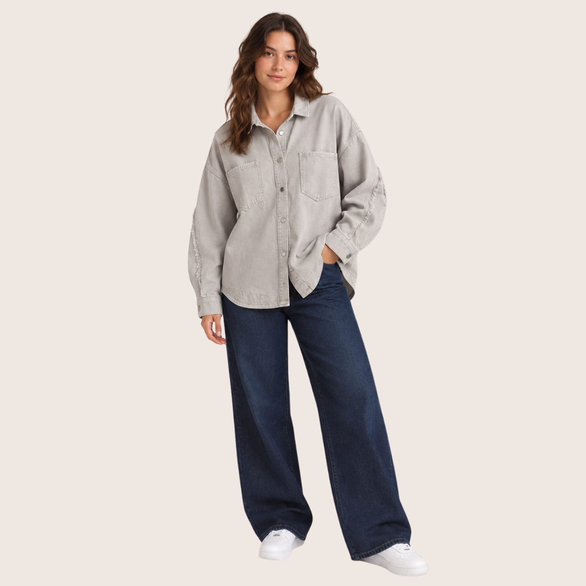 Oversized Women's Shirt with Front Pockets Beige OJ-514CR