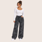 High Waist Wide Leg Leaf Print Jeans Gray OB-39BBL