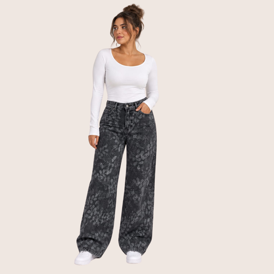 High Waist Wide Leg Leaf Print Jeans Gray OB-39BBL