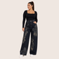 High Waist Wide Leg Jeans with Floral Print Washed Black OB-70DCR
