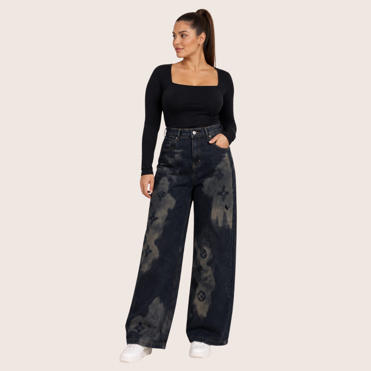 High Waist Wide Leg Jeans with Floral Print Washed Black OB-70DCR