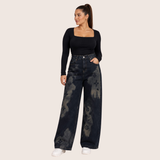 High Waist Wide Leg Jeans with Floral Print Washed Black OB-70DCR