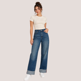 Wide Leg High-Waist Cuffed Jeans Dark Blue OB-47
