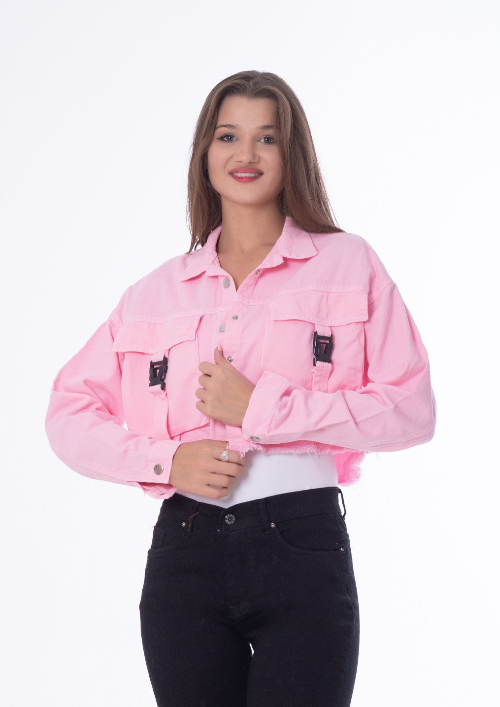 Gabardine Jacket With Front Chain Closure Rose Color OJ-548RS
