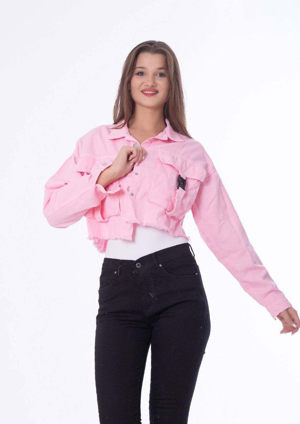 Gabardine Jacket With Front Chain Closure Rose Color OJ-548RS