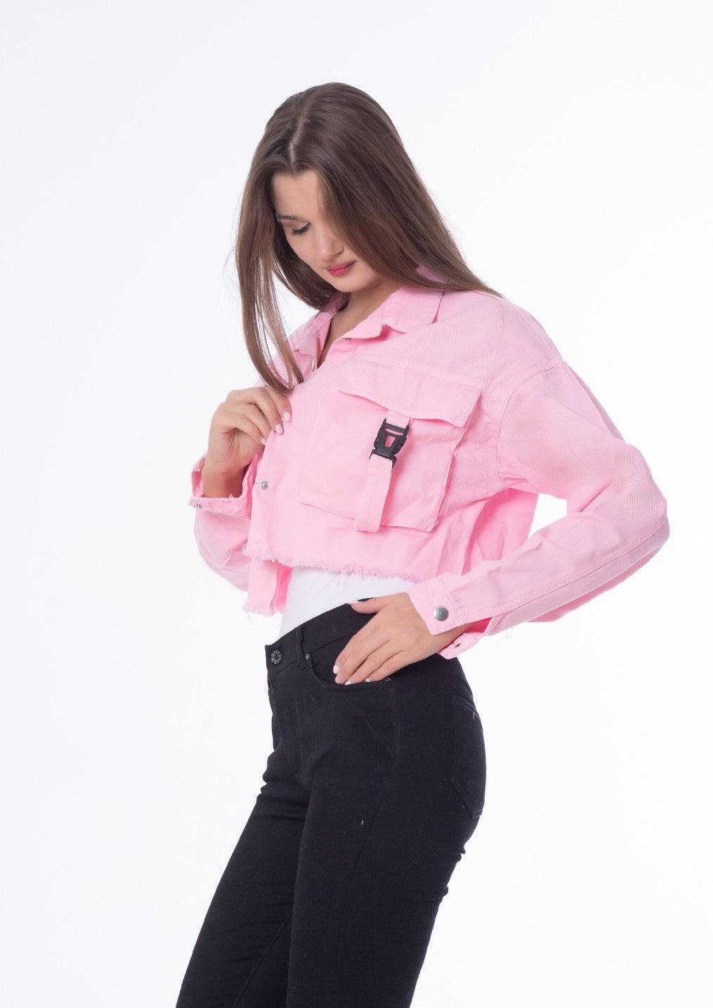 Gabardine Jacket With Front Chain Closure Rose Color OJ-548RS