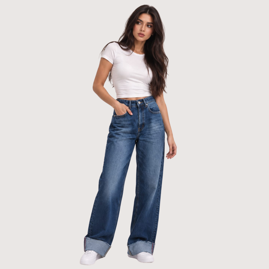 Wide Leg High-Waist Cuffed Jeans Dark Blue OB-47