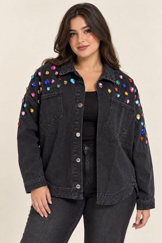 Handmade colored gem denim jacket washed grey