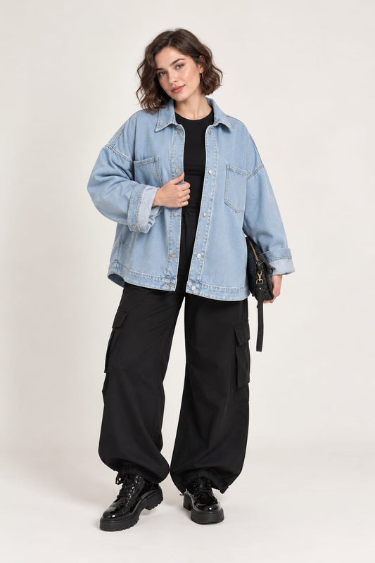 Oversized light blue denim shirt jacket OJ-1505