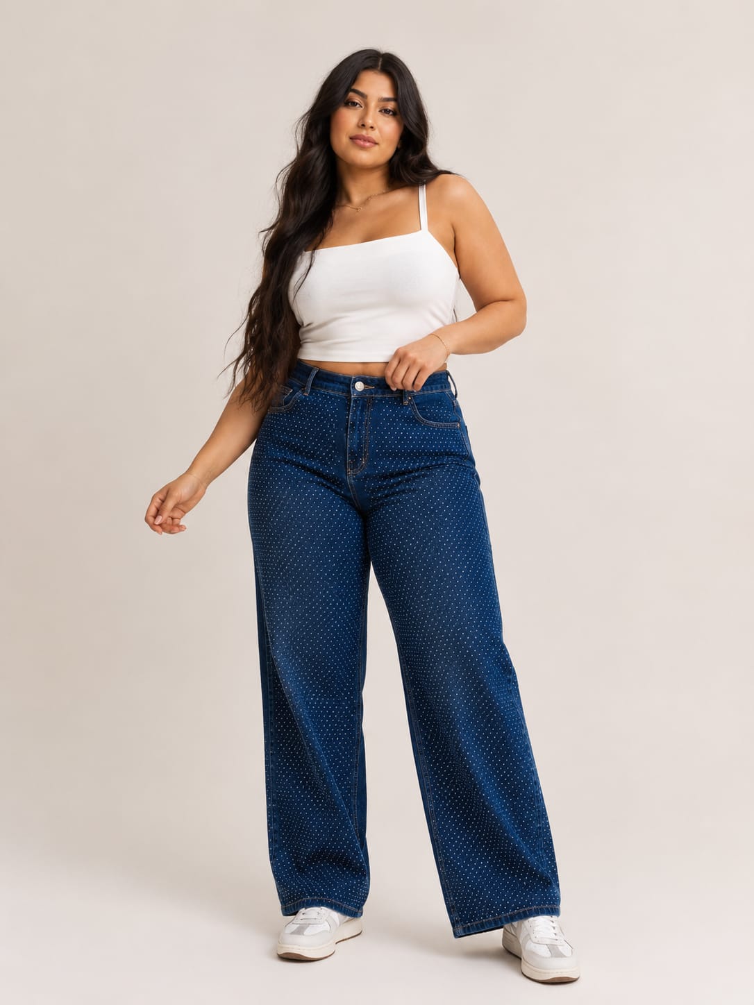 Plus size strass studded straight jeans dark blue