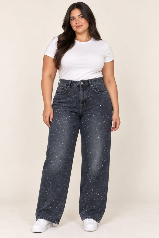 Plus size strass studded straight jeans dark grey