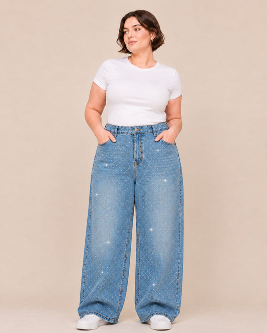 Plus size strass studded straight jeans light blue