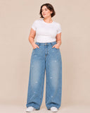 Plus size strass studded straight jeans light blue