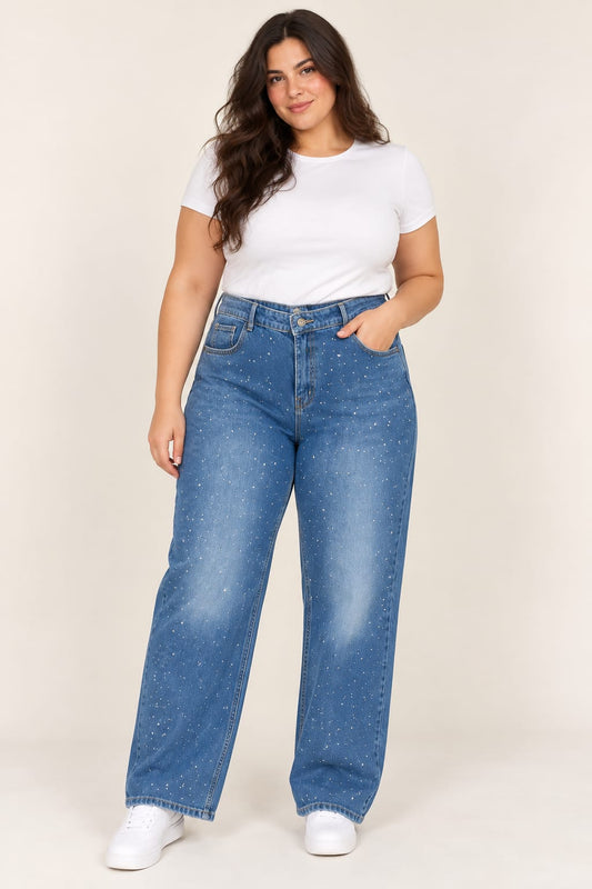 Plus size strass studded straight jeans medium blue