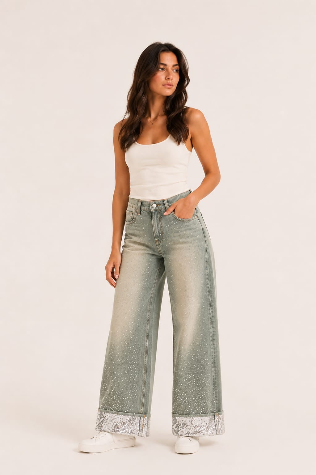 Strass studded cuffed wide leg jeans dirty beige