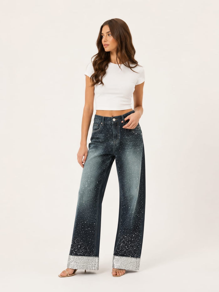 Strass studded cuffed wide leg jeans dirty olive