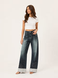 Strass studded cuffed wide leg jeans dirty olive