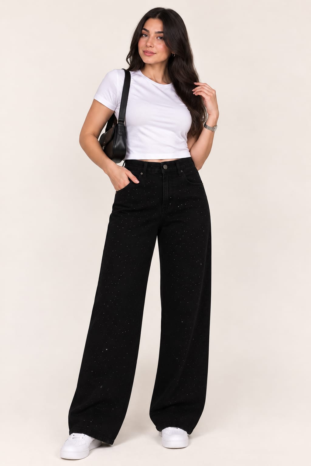 Strass studded straight jeans black
